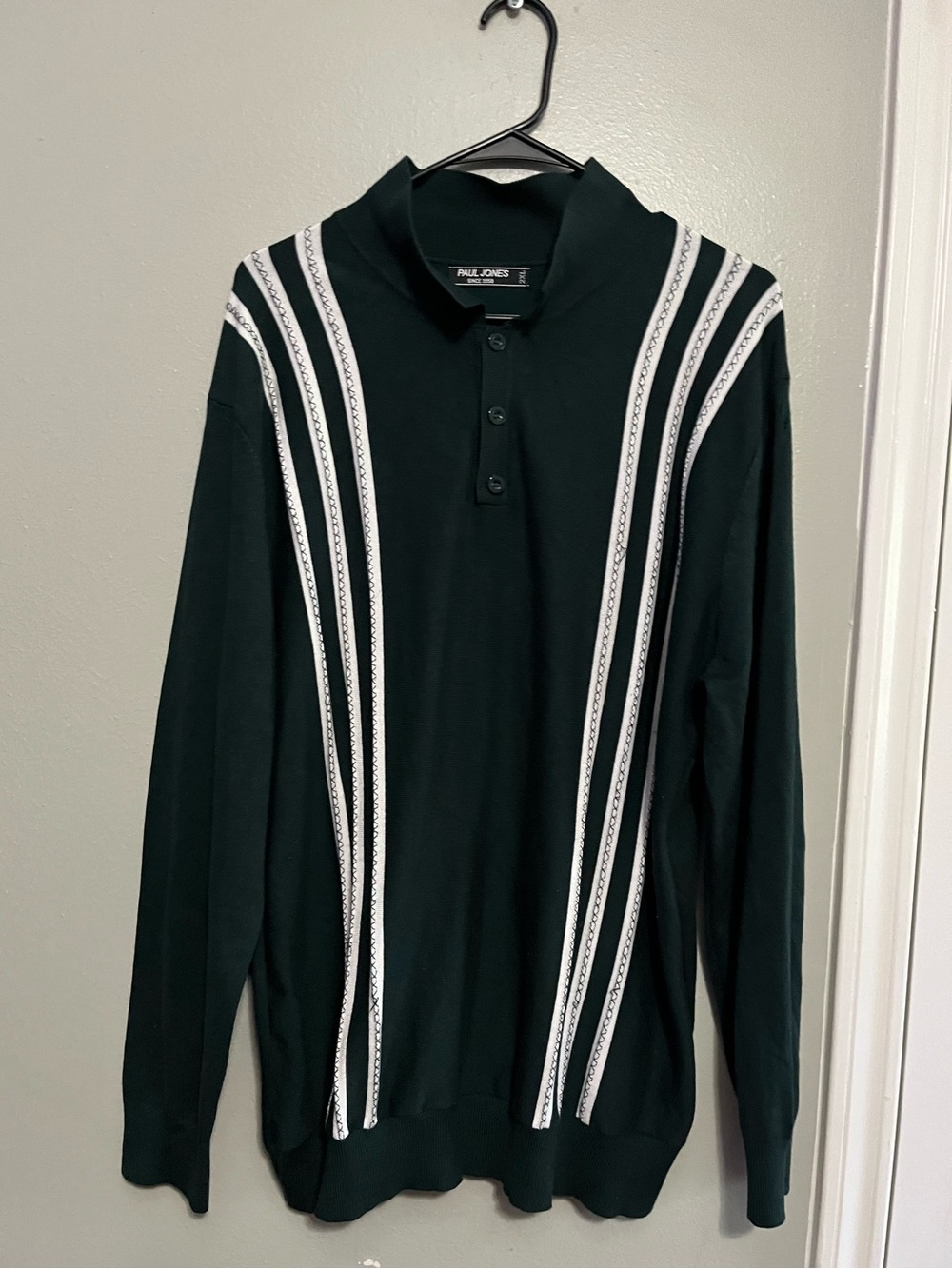 Paul Jones Dark Green V-Neck Polo Sweater with White Stripes